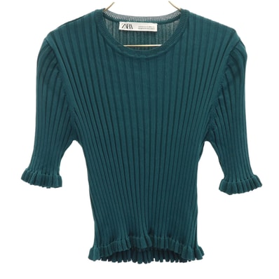 ZARA ザラ 半袖 フリル リブ セーター M グリーン系 ニット