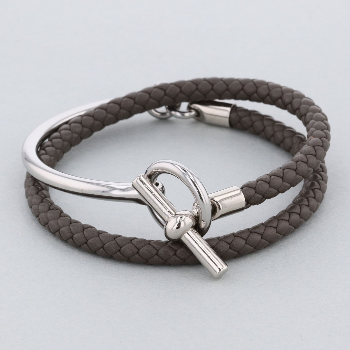 【値下げ】HERMES エルメス グレナン Hリンク ブレスレット H077240 レザー グレー シルバー金具  レディース【中古】