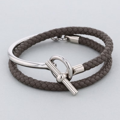 【値下げ】HERMES エルメス グレナン Hリンク ブレスレット H077240 レザー グレー シルバー金具 レディース【中古】