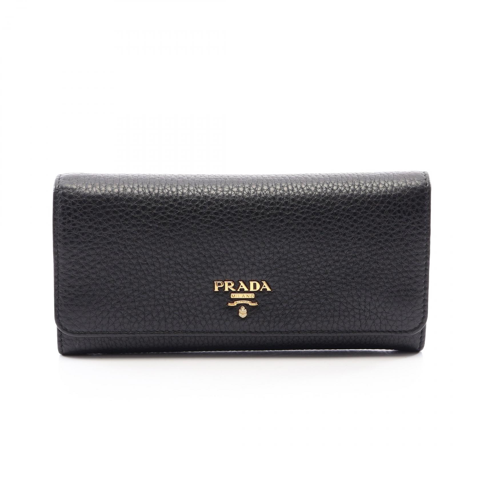 プラダ PRADA VITTELO GRAIN 二つ折り長財布 財布 レザー レディース ブラック系 【中古】