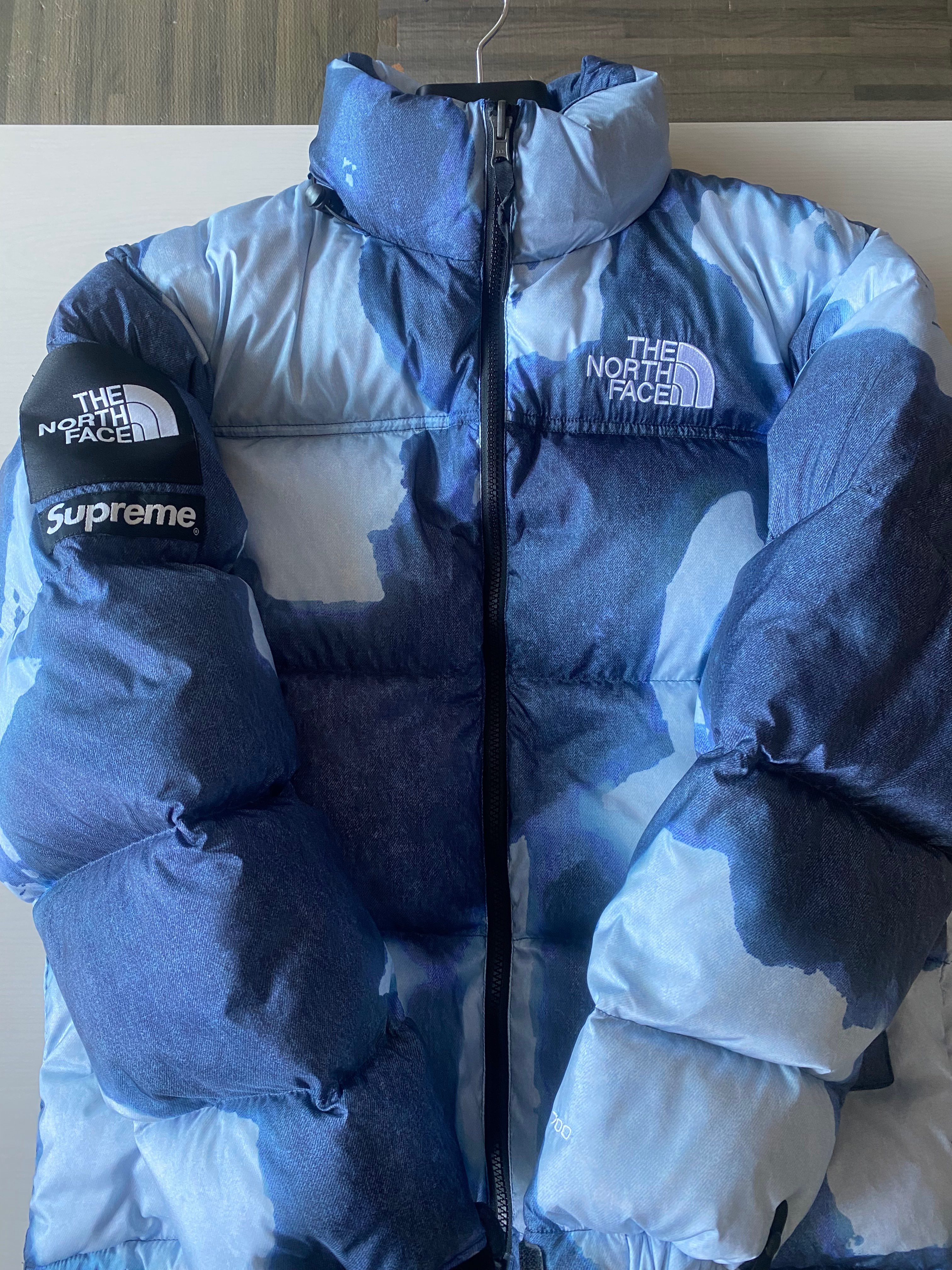 Supreme x The North Face Bleached Denim Print Nuptse Jacket "Indigo"