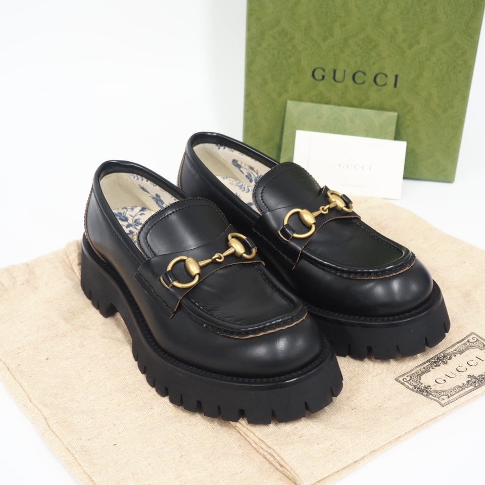 極美品 GUCCI グッチ ホースビット ローファー 6 23 577236 その他靴 ブラック ブルー クリーム レザー ラバー レディース