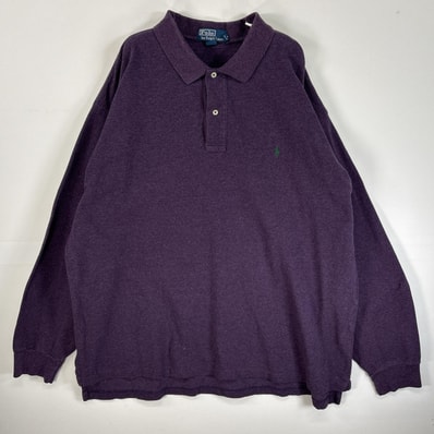 古着 90's/90年代 ポロバイラルフローレン Polo by Ralph Lauren 鹿の子 長袖 ポロシャツ ロゴ 刺繍 大きいサイズ 2ボタン 2X BIG パープル 無地 メンズ