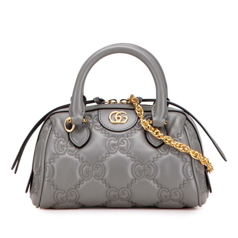 グッチ GGマトラッセ キルティング ミニボストンバッグ ショルダーバッグ 2WAY 702251 グレー レザー レディース GUCCI 中古
