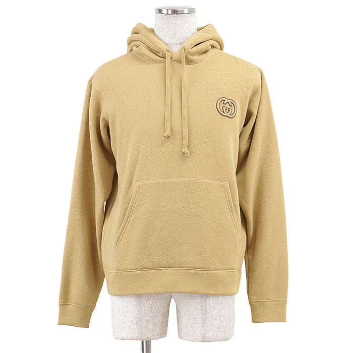 【美品】 グッチ 2024SS スウェット インターロッキング GG ワッペン プルオーバー ワンポイント パーカー メンズ キャメル S GUCCI