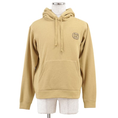 【美品】 グッチ 2024SS スウェット インターロッキング GG ワッペン プルオーバー ワンポイント パーカー メンズ キャメル S GUCCI