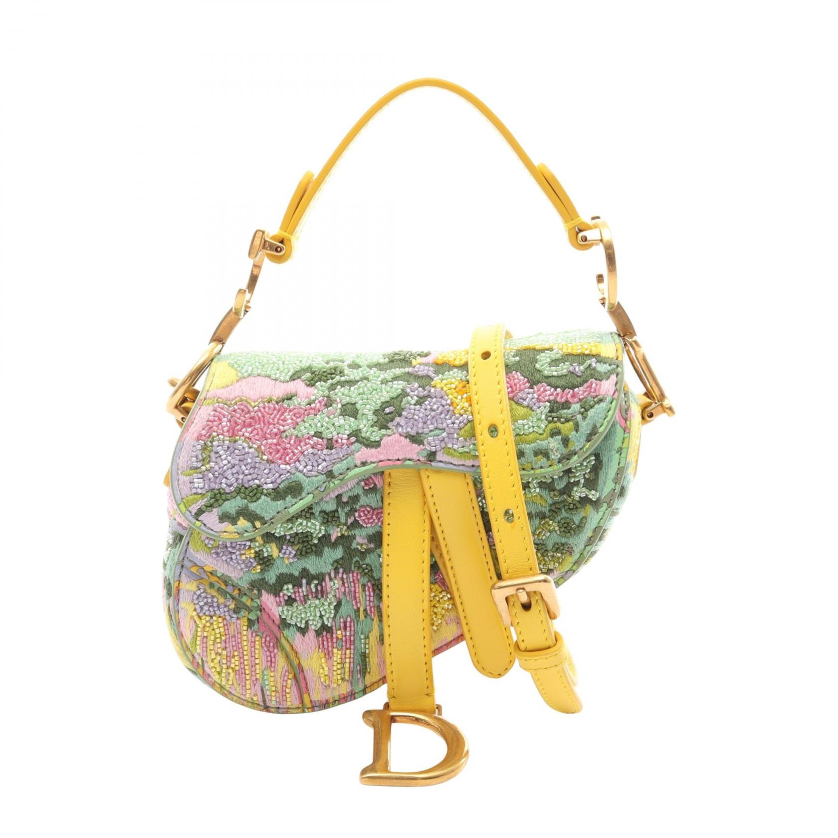ディオール Dior サドルバッグ マイクロ 2WAY ハンドバッグ バッグ レザー ファブリック レディース イエロー系 / グリーン系 / マルチカラー 【中古】