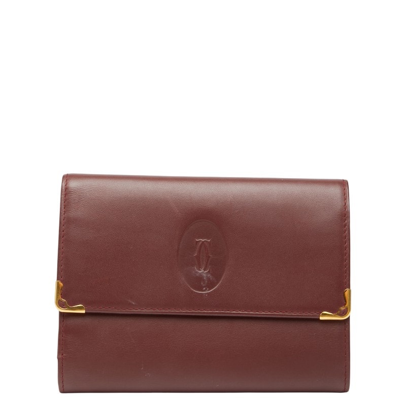 カルティエ マストライン 三つ折り財布 ボルドー ワインレッド レザー レディース CARTIER 【中古】