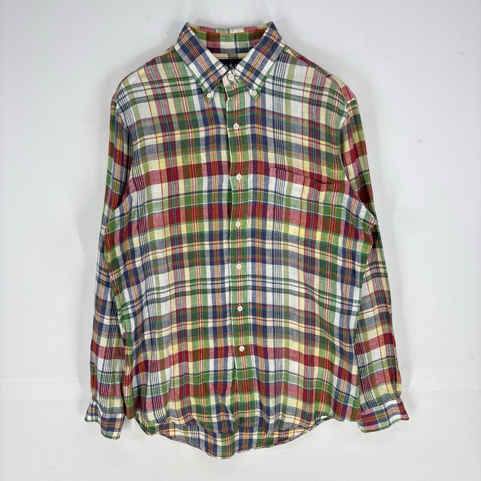 古着 ラルフローレン RALPH LAUREN 長袖シャツ ボタンダウン 胸ポケット リネンシャツ M  グリーン系 チェック メンズ