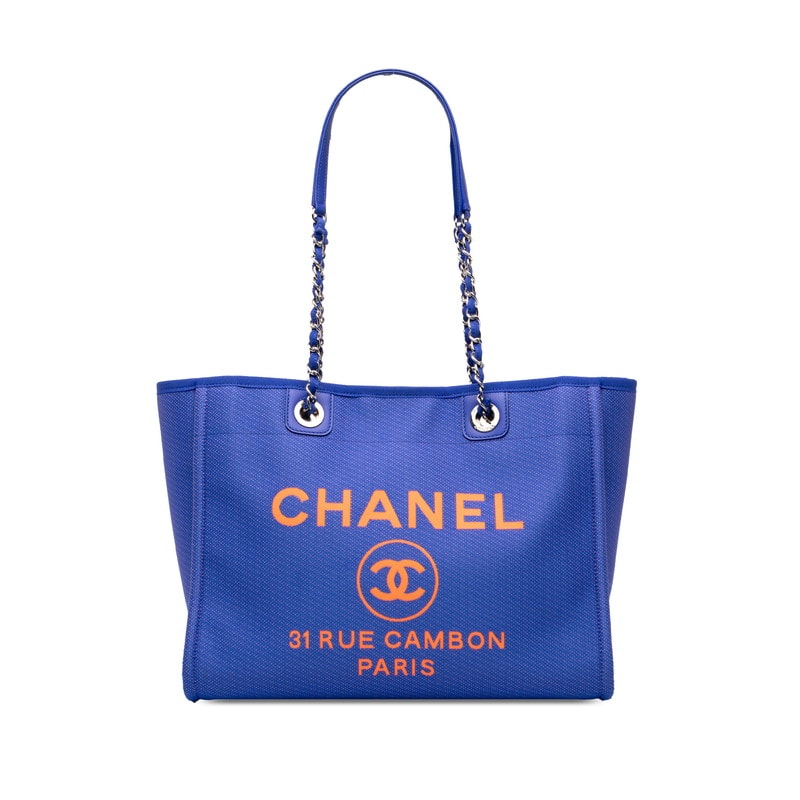 シャネル ドーヴィルMM チェーン トートバッグ ハンドバッグ ブルー系 オレンジ キャンバス レザー レディース CHANEL 中古