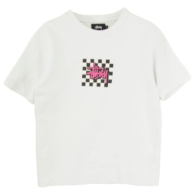 STUSSY ステューシー ショーンフォント チェッカーロゴ 半袖 スウェット Tシャツ ホワイト系 S【中古】