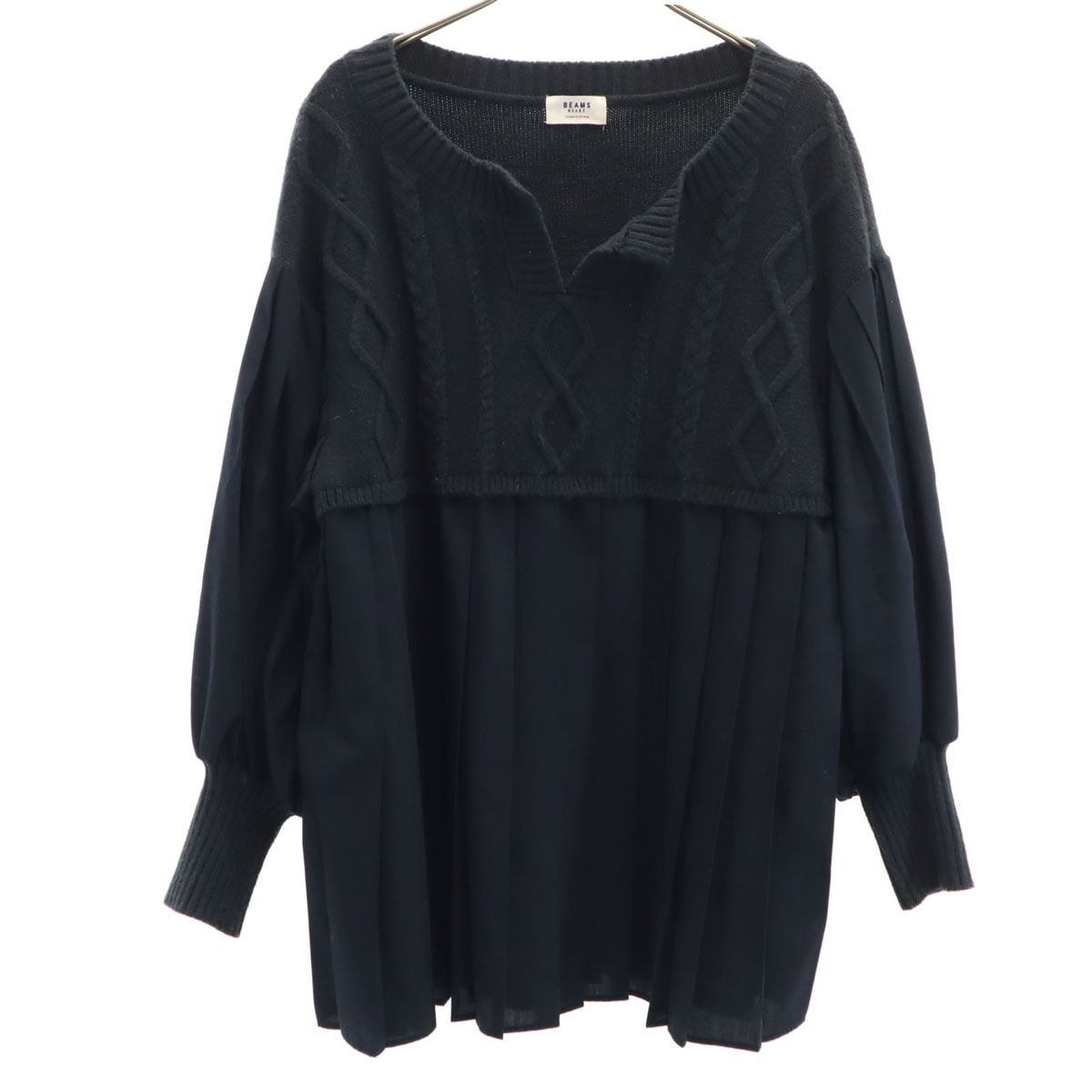 BEAMS HEART ビームスハート 長袖 プリーツ切替 スキッパーカラー ニット ネイビー