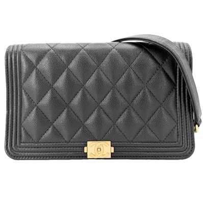 CHANEL シャネル チェーンウォレット マトラッセ ボーイシャネル ショルダーウォレット 財布 肩掛け 斜め掛け キャビアスキン ブラック 黒 マットゴールド金具 レディース【中古品】