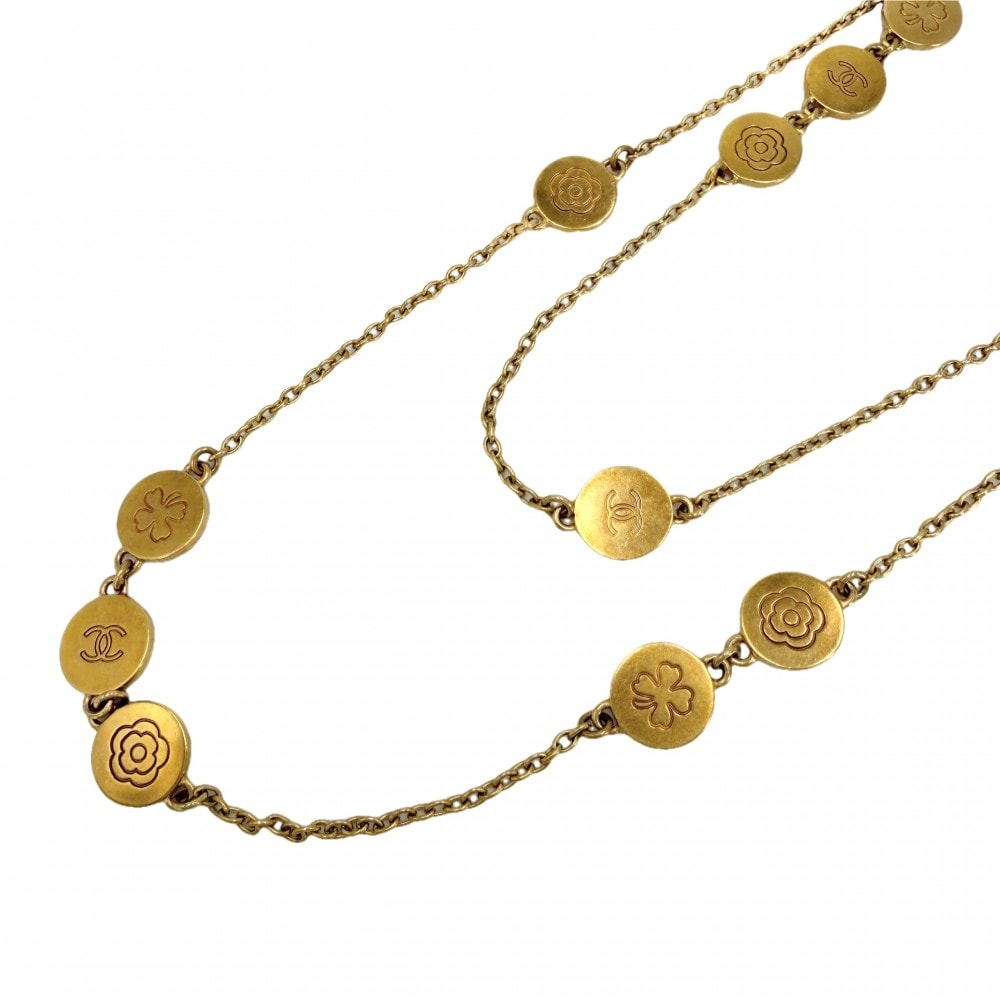 CHANEL シャネル ネックレス アイコンモチーフ カメリア ロングネックレス アクセサリー ラウンド クローバー ココマーク GP 98P ゴールド レディース 約75.1g 1998年【中古品】