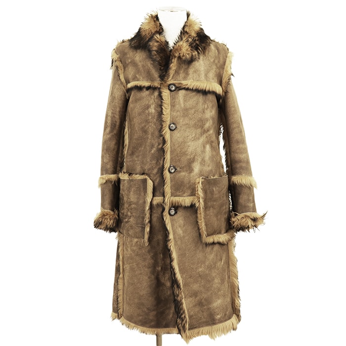 【美品】DOLCE&GABBANA ドルチェアンドガッバーナ コート ファー x レザー サイズ 48 メンズ リバーシブル ラム/ディアスキン ウールブレンド ロング アウター ブラウン系 茶色 イタリア製