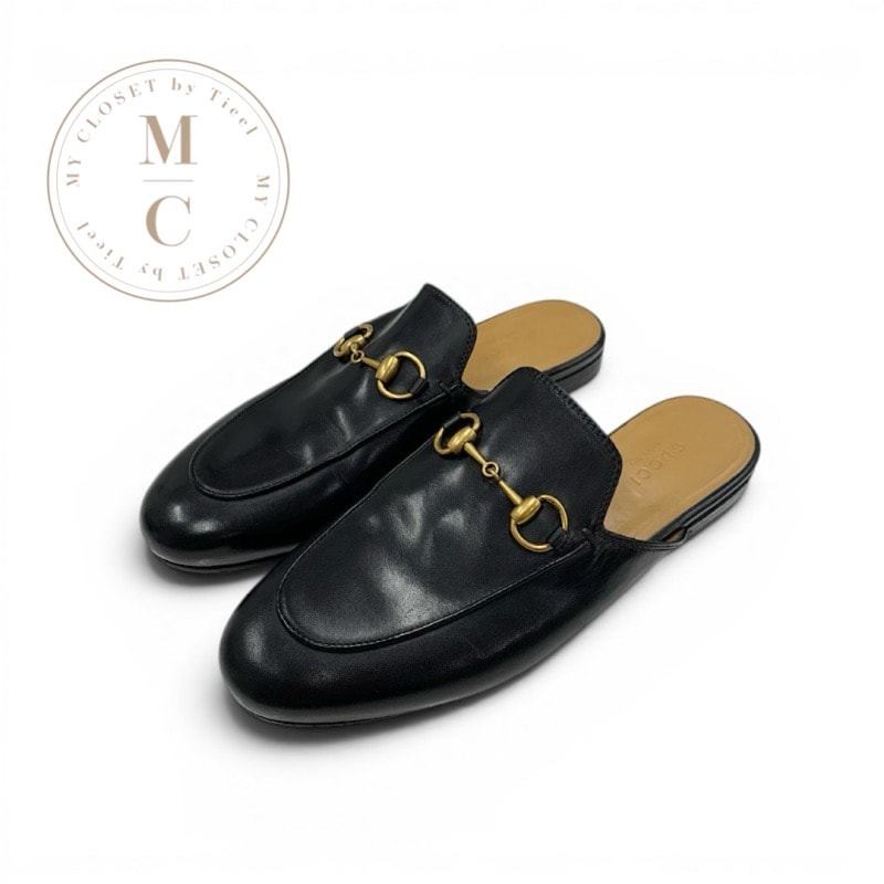 グッチ GUCCI プリンスタウン フラットシューズ 靴 シューズ レザー ブラック 黒 ゴールド スリッパサンダル ミュール ホースビット
