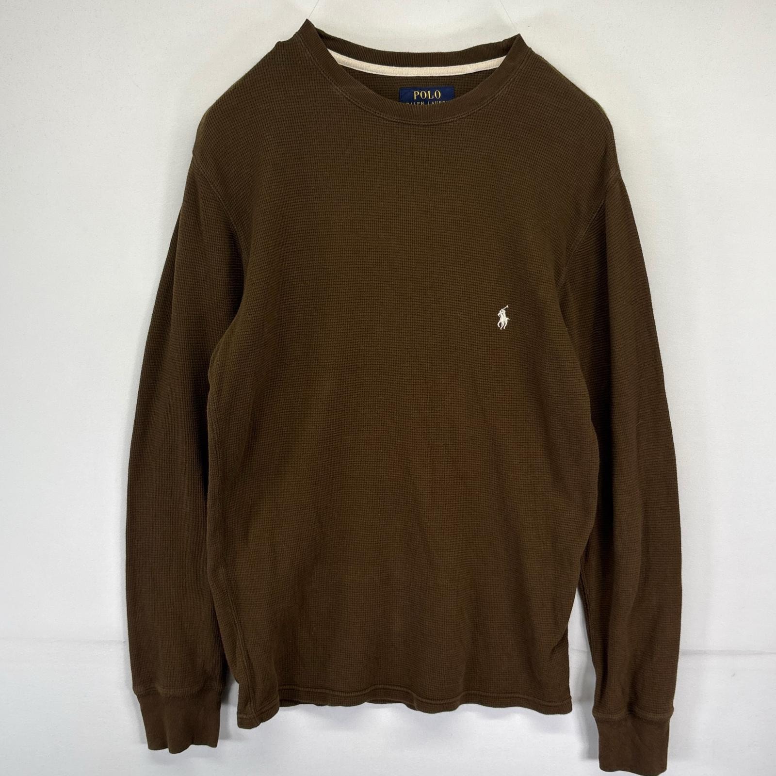 古着 ポロ・ラルフローレン POLO RALPH LAUREN 長袖Tシャツ サーマル クルーネック ワンポイントロゴ ワッフル S ブラウン系 メンズ