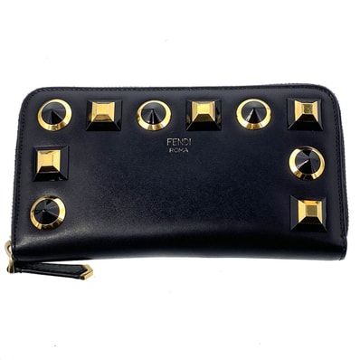 FENDI フェンディ スタッズ コンチネンタルウォレット 長財布 8M0299 レザー ブラック ゴールド レディース【中古】
