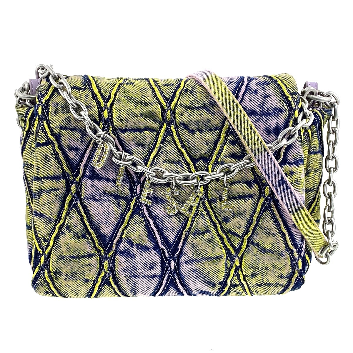 DIESEL ディーゼル CHARM-D SHOULDER M ショルダーバッグ X09596 P6681 コットンデニム ネイビー デニム 蛍光 光沢 イエロー ピンク  レディース【中古】
