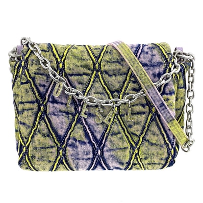 DIESEL ディーゼル CHARM-D SHOULDER M ショルダーバッグ X09596 P6681 コットンデニム ネイビー デニム 蛍光 光沢 イエロー ピンク レディース【中古】