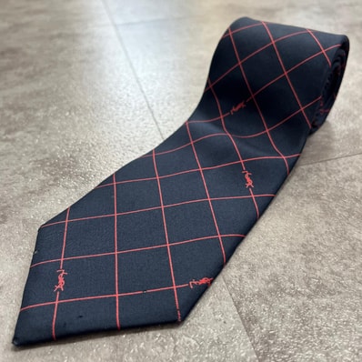 【YVES SAINT LAURENT】イヴサンローラン カサンドラ YSLロゴ ネクタイ 格子 ウィンドウペン チェック 織り模様 ネイビー レッド メンズ