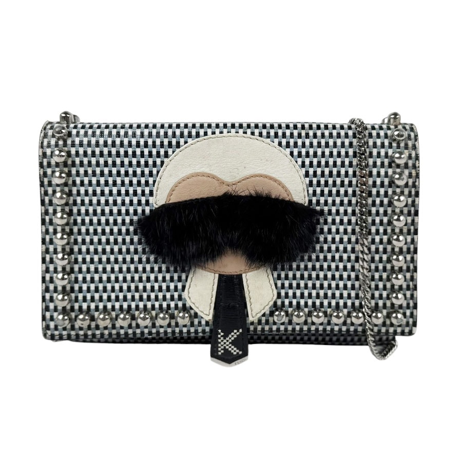 フェンディ FENDI 斜め掛けショルダーバッグ カーリト スタッズ チェーンウォレット レザー ブラック/ホワイト/ブルーグレー シルバー レディース【中古】 z11245