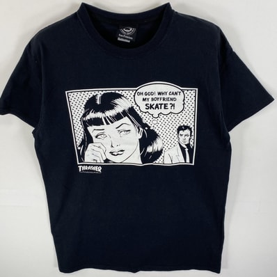 古着 スラッシャー THRASHER 半袖Tシャツ ラバープリント アメコミ風 ブランドロゴ M ブラック メンズ