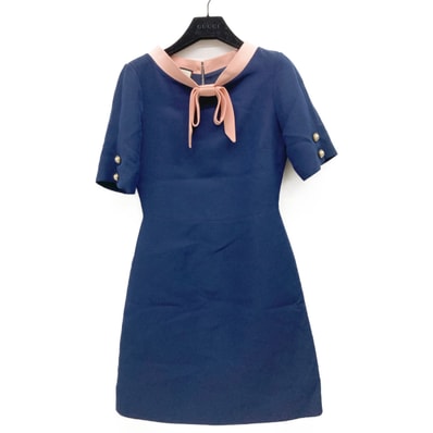 グッチ 453979 ネイビー×ピンク リボンタイ ワンピース 36