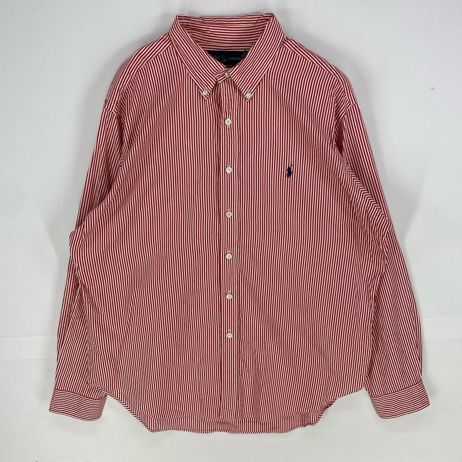 古着 ラルフローレン RALPH LAUREN 長袖シャツ ボタンダウン ワンポイント ロングスリーブ XL  レッド系 ストライプ メンズ
