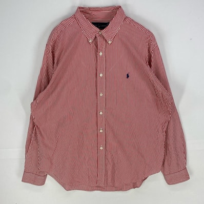 古着 ラルフローレン RALPH LAUREN 長袖シャツ ボタンダウン ワンポイント ロングスリーブ XL レッド系 ストライプ メンズ