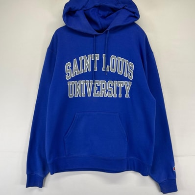 古着 チャンピオン Champion パーカー プルオーバー プリント カレッジロゴ 袖ワンポイント スウェット M ブルー系 メンズ