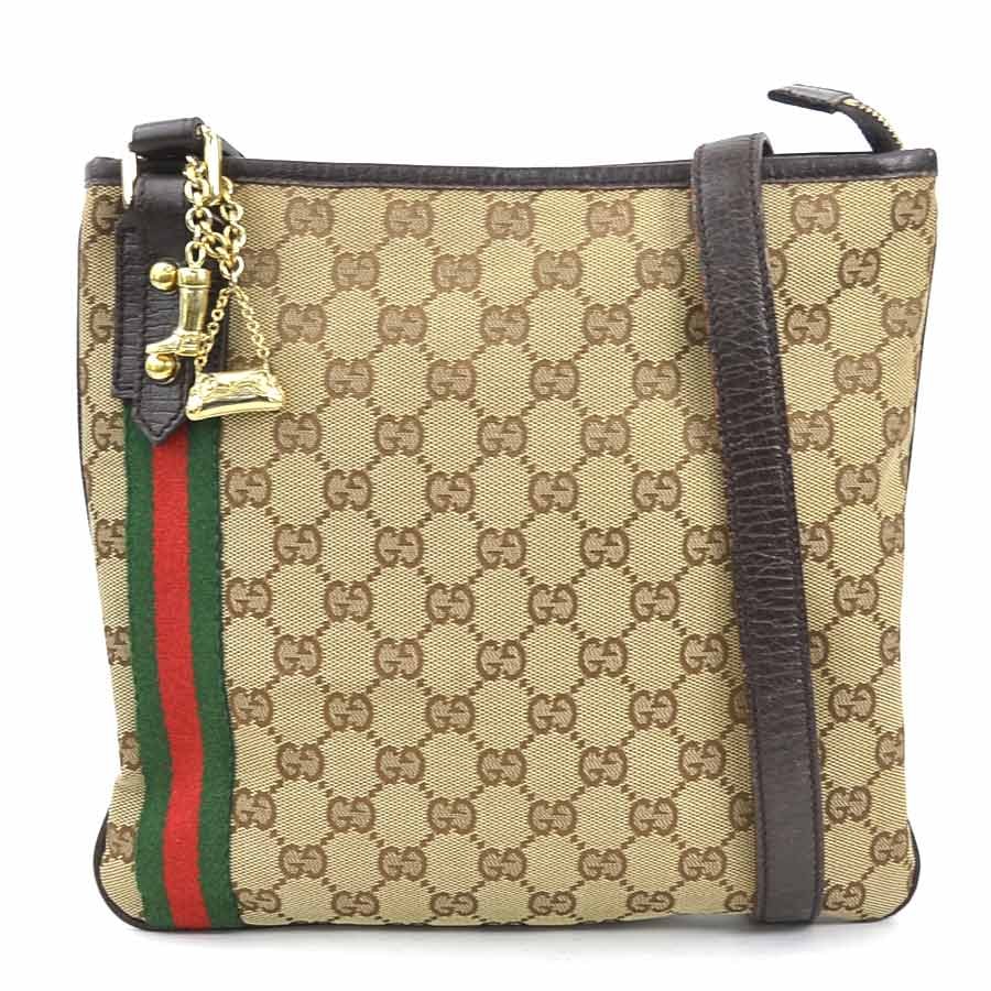 グッチ GUCCI 斜め掛けショルダーバッグ GGキャンバス/レザー ブラウン ゴールド レディース 144388【中古】 e62102k