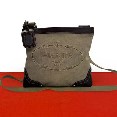 PRADA プラダ ロゴ ジャガード キャンバス レザー ショルダーバッグ ブラウン
33926