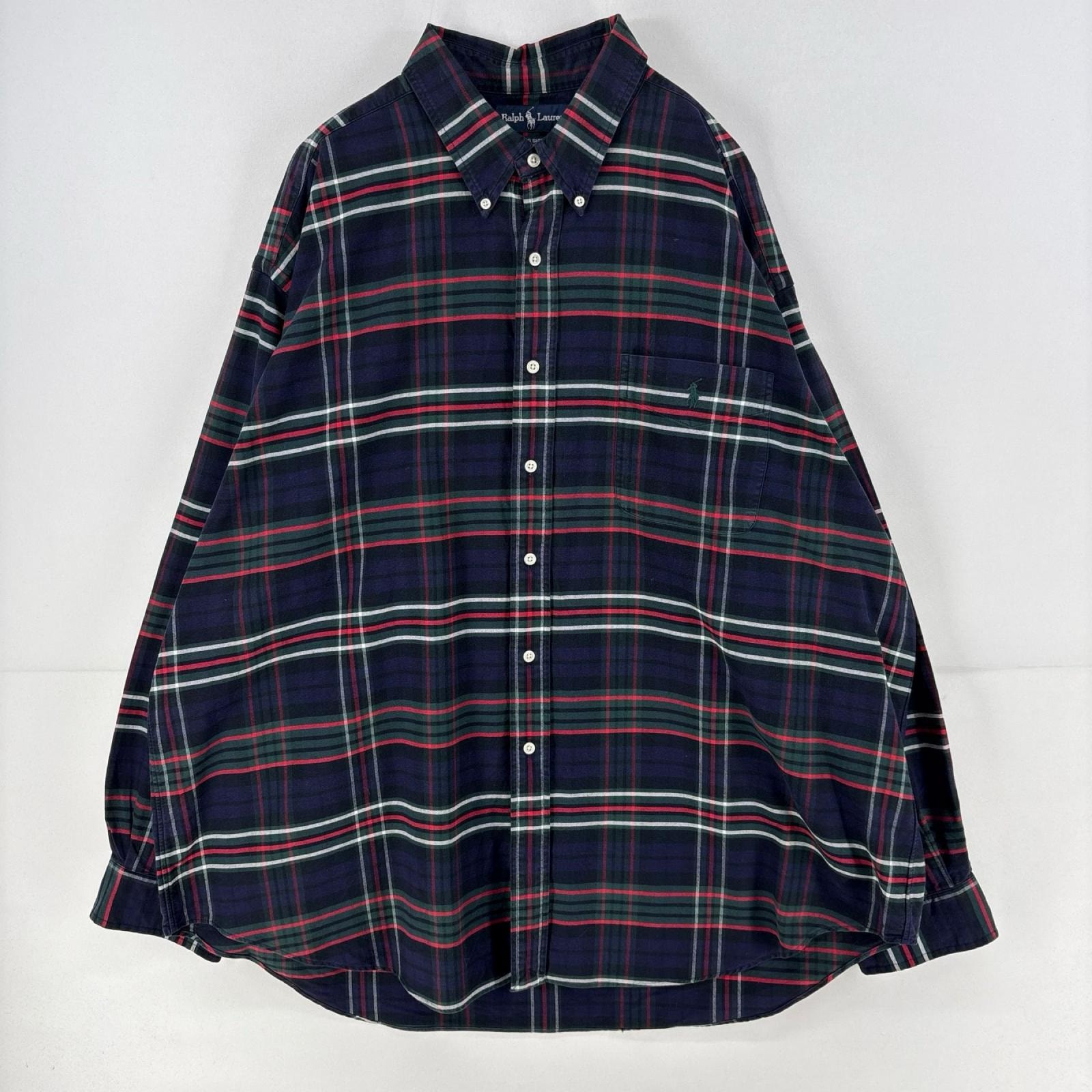 古着 ラルフローレン RALPH LAUREN 長袖シャツ ロゴ 刺繍 胸ポケット BIG SHIRT 大きいサイズ 2XL ネイビー系 チェック メンズ