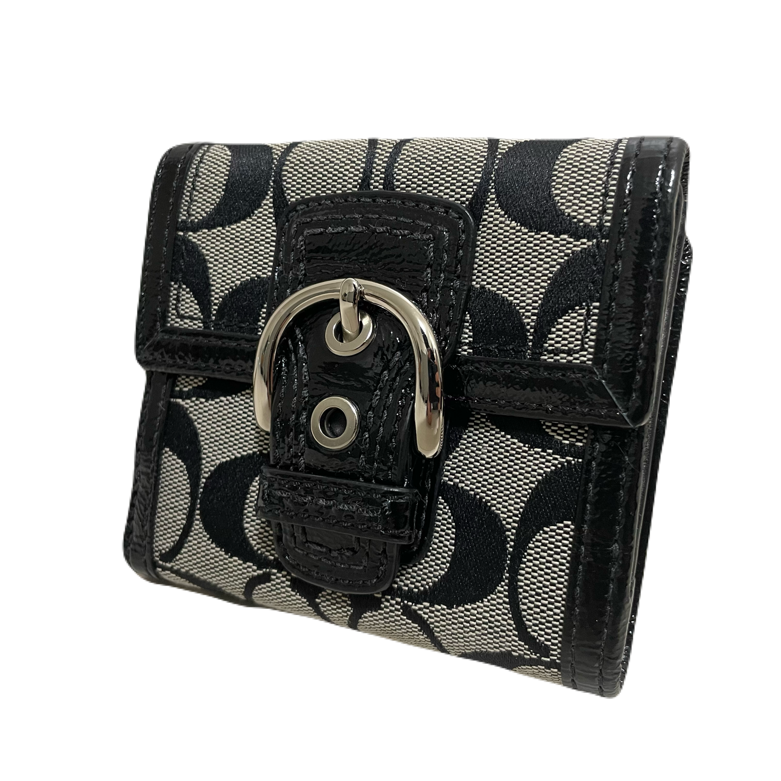 未使用級美品 Coach コーチ SOHO ソーホー 三つ折り財布 二つ折り財布 ブラック シグネチャー コンパクト ベルト