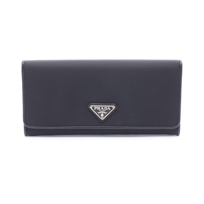 プラダ PRADA トライアングルロゴ 二つ折り長財布 財布 ナイロン レザー メンズ レディース ブラック系 【中古】