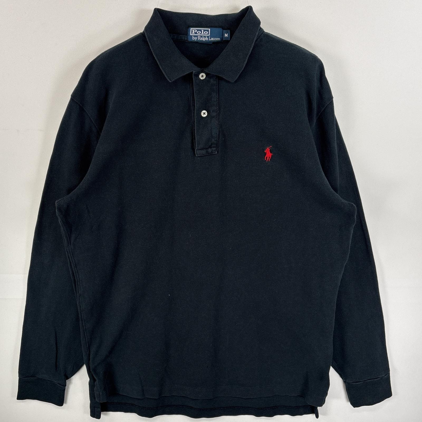 古着 90's/90年代 ポロバイラルフローレン Polo by Ralph Lauren 鹿の子 長袖 ポロシャツ ワンポイント ロゴ 刺繍 2ボタン M  ブラック 無地 メンズ