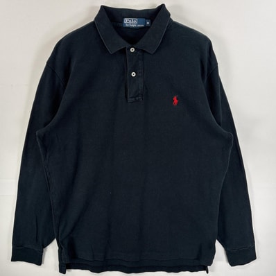 古着 90's/90年代 ポロバイラルフローレン Polo by Ralph Lauren 鹿の子 長袖 ポロシャツ ワンポイント ロゴ 刺繍 2ボタン M ブラック 無地 メンズ