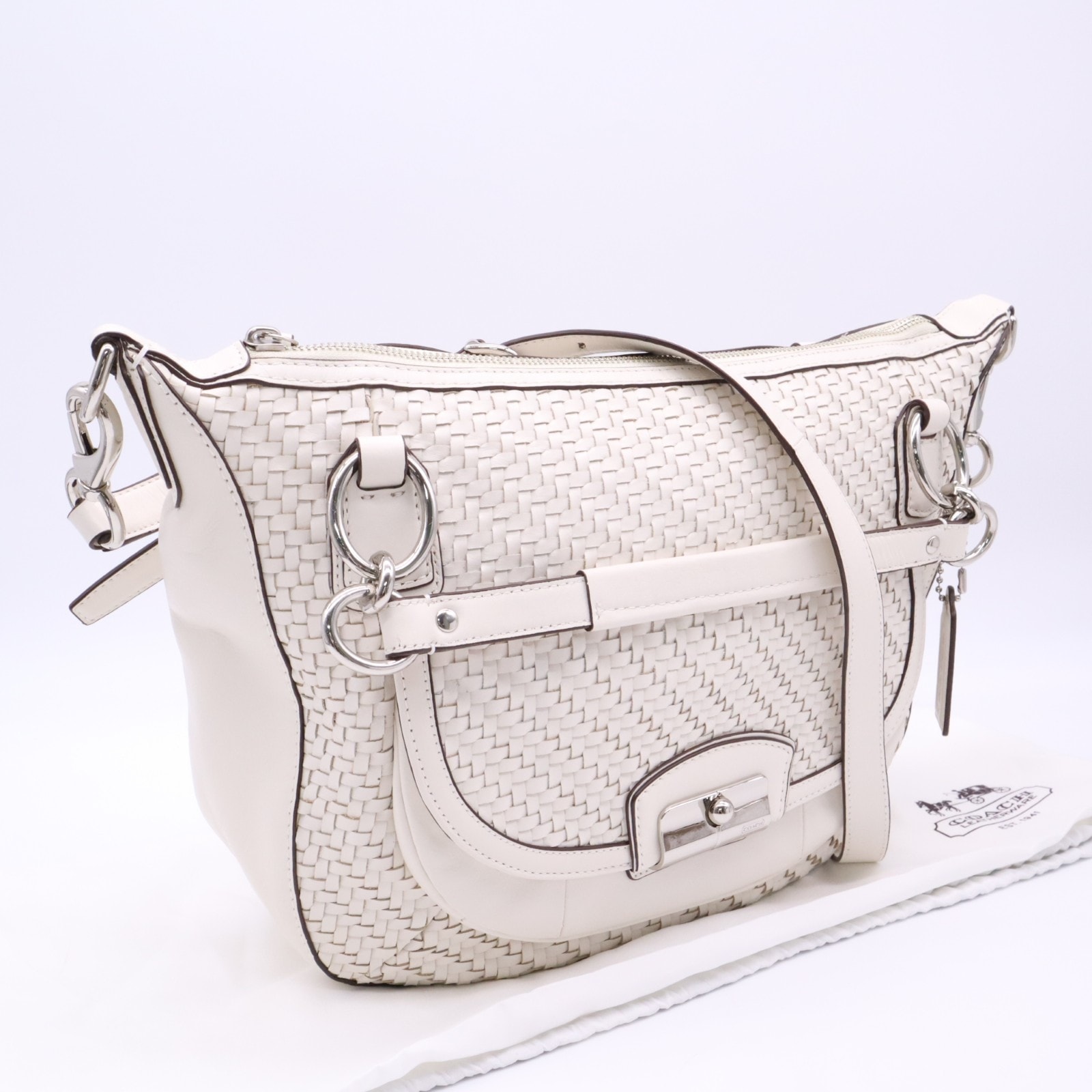 COACH コーチ レザー クリスティンウーヴン ラウンド サッチェル ハンドバッグ 19312 2wayショルダーバッグ ホワイト シルバー レザー レディース