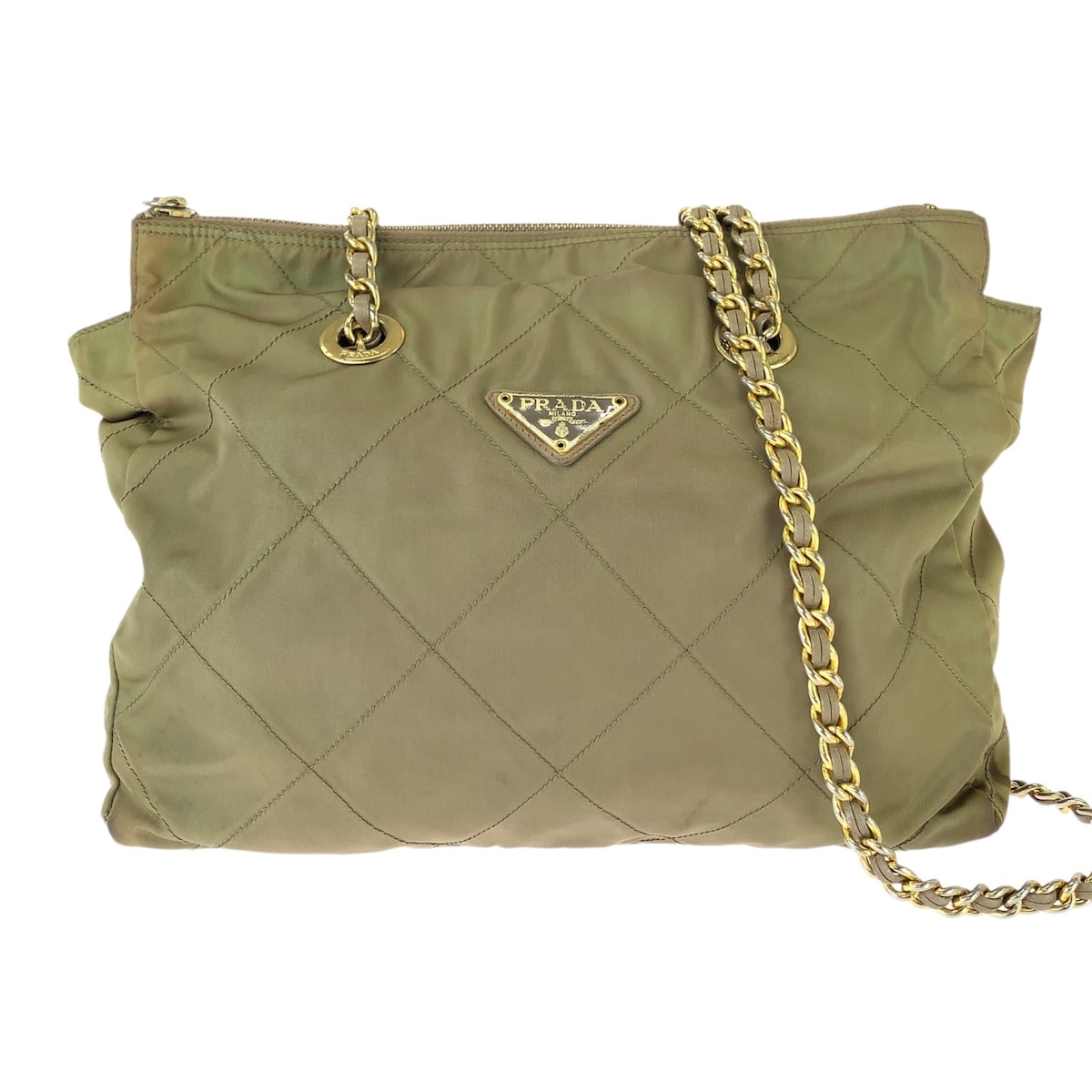 PRADA プラダ テスート 三角ロゴプレート カーキ ゴールド金具 ナイロン チェーンショルダー 1-0294206 【中古】