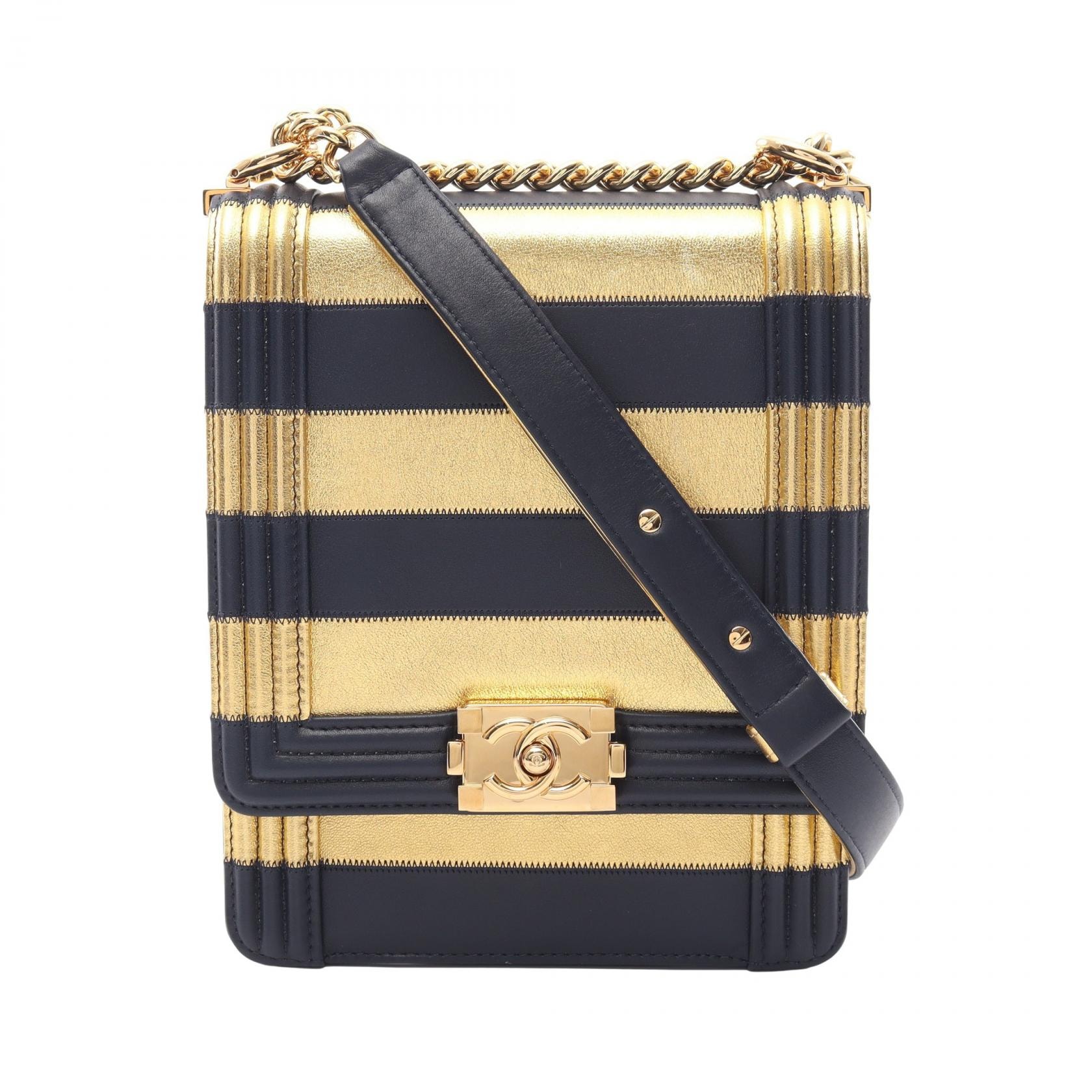 シャネル CHANEL ボーイシャネル ノースサウス ボーダー ショルダーバッグ バッグ ラムスキン(羊革) レディース ゴールド系 / ネイビー系 【中古】