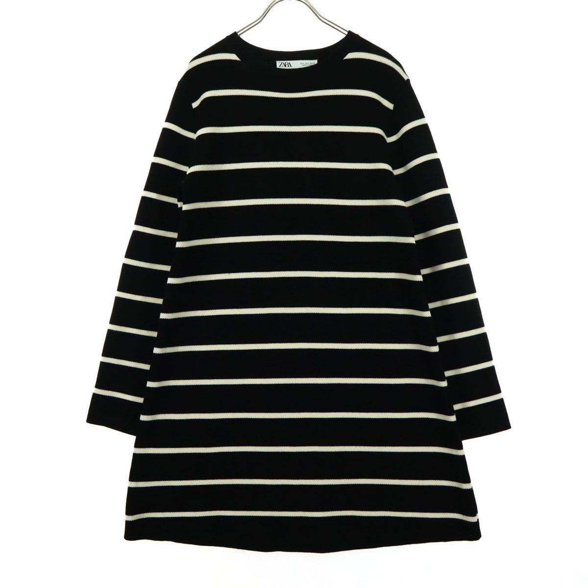 美品 ZARA ザラ ボーダー柄 長袖 膝丈ワンピース L ブラック