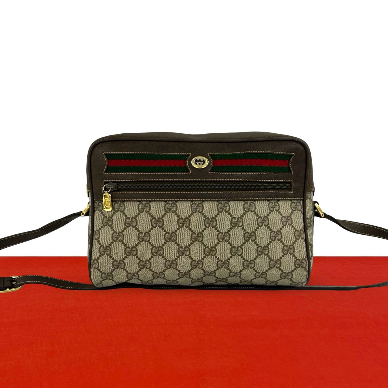 GUCCI グッチ シェリーライン GG ロゴ 柄 レザー PVC ショルダーバッグ ブラウン
 02055