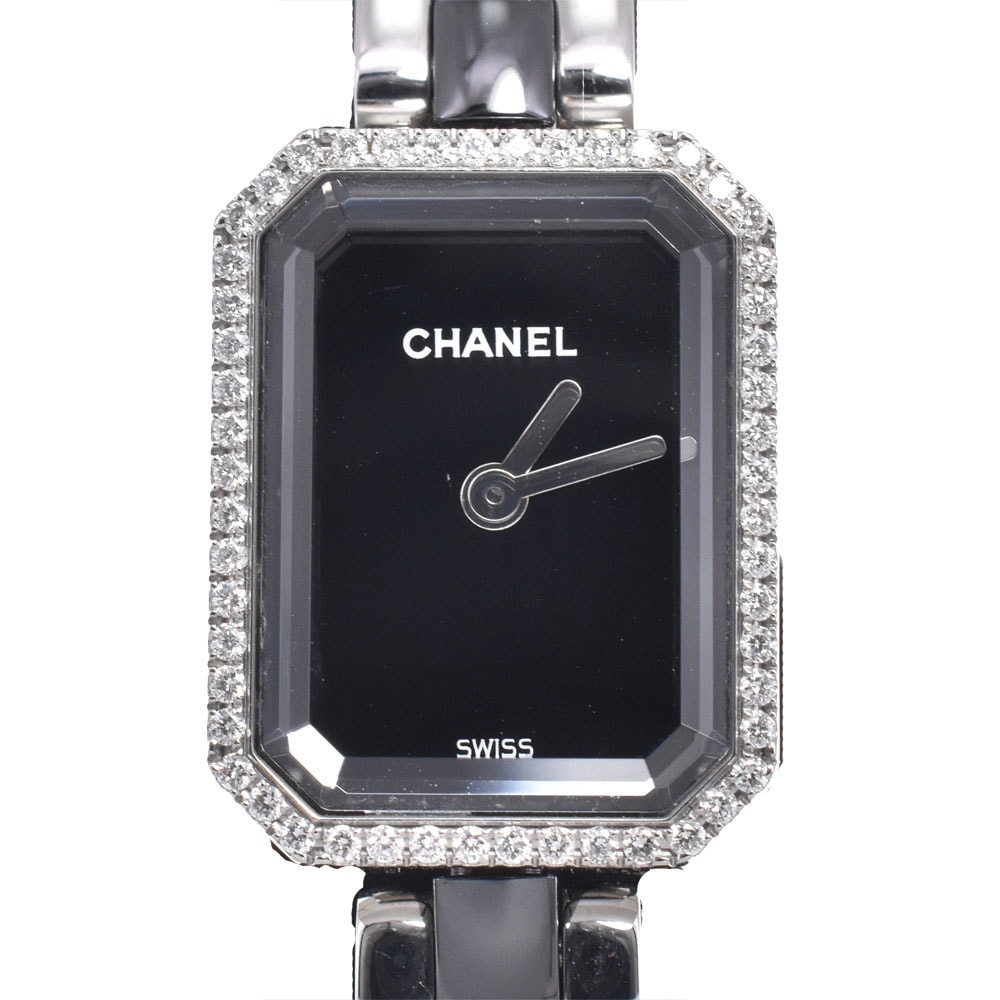 シャネル CHANEL H2163 プルミエール M ダイヤモンドベゼル ブラック クォーツ レディース 美品 腕時計 J#150464