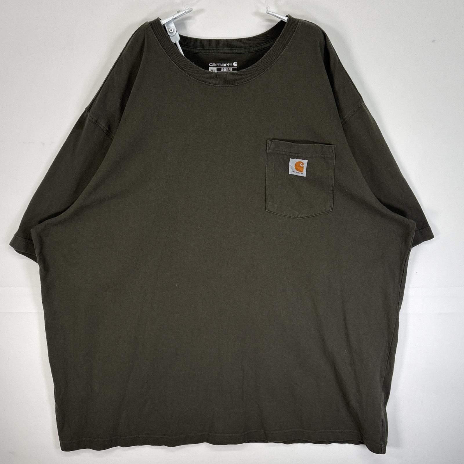 古着 カーハート Carhartt 半袖Tシャツ ワンポイント ロゴ 大きいサイズ クルーネック 2XL  カーキ 無地 メンズ
