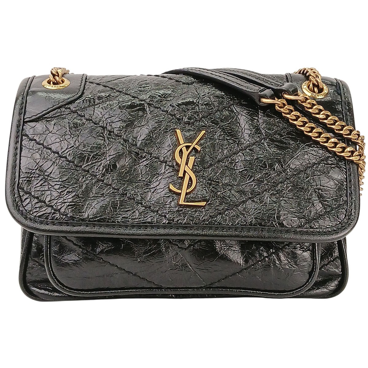 SAINT LAURENT サンローラン ニキ ミニ チェーンバッグ ヴィンテージレザー ショルダーバッグ レザー ブラック ゴールド  レディース【中古】