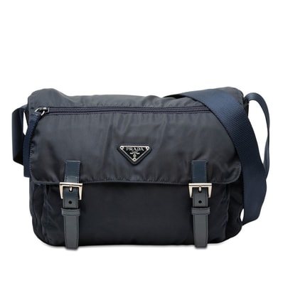 プラダ 三角ロゴプレート 斜め掛け ショルダーバッグ B6671 ネイビー ナイロン レザー レディース PRADA 【中古】