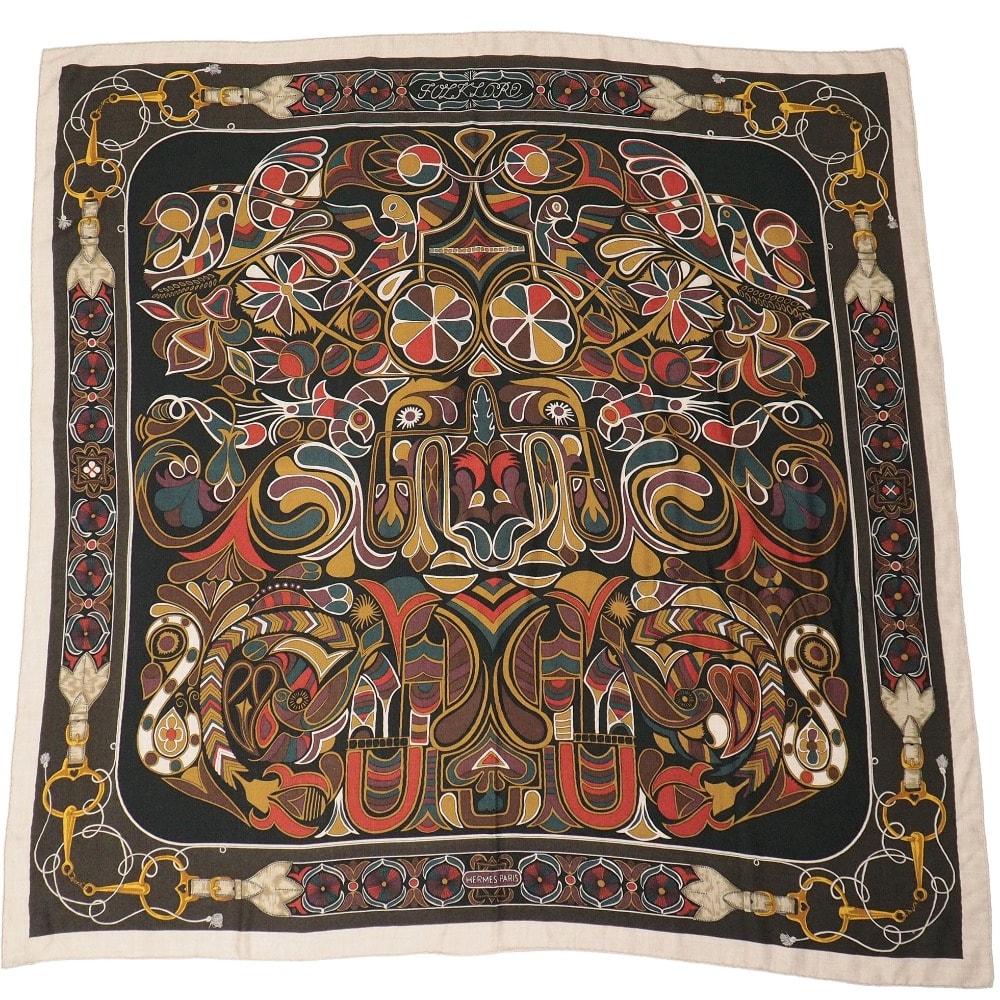 HERMES エルメス Folklore フォークロア カレ ジェアン ストール カシミヤ混 大判 ショール マフラー ブランド古着【中古】20260326/RA8430