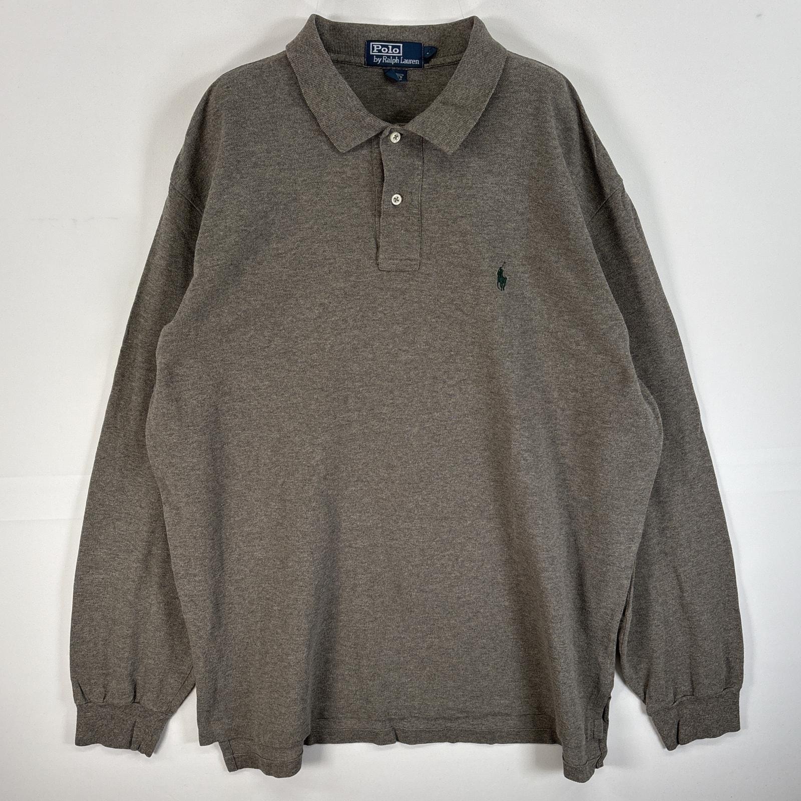 古着 90's/90年代 ポロバイラルフローレン Polo by Ralph Lauren 鹿の子 長袖 ポロシャツ ロゴ 刺繍 2ボタン 大きいサイズ XL  グレー系 無地 メンズ
