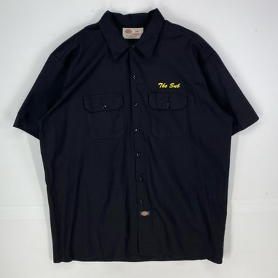 古着 ディッキーズ Dickies 半袖シャツ ワーク 胸ポケット 企業刺繍 ショートスリーブ 2XL ブラック系 メンズ